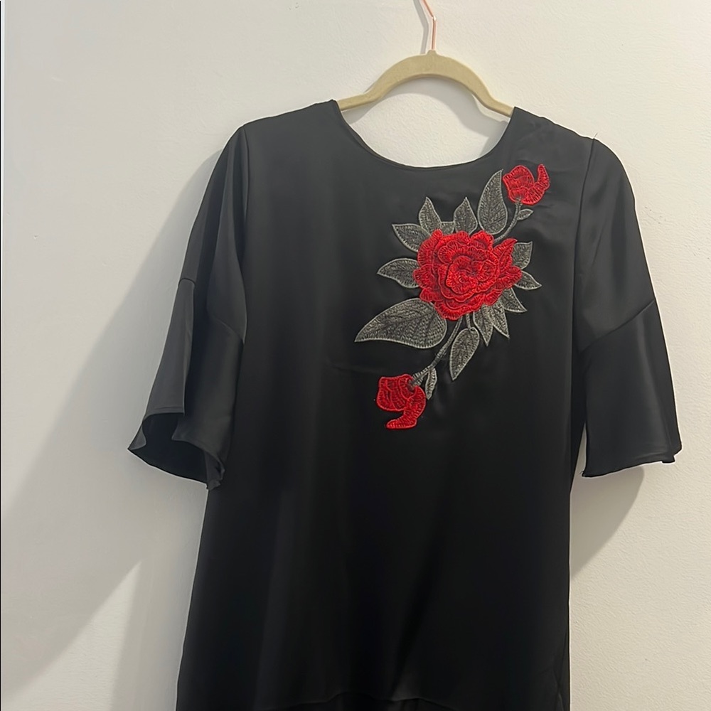 Black Dress with Red Floral Embroidery